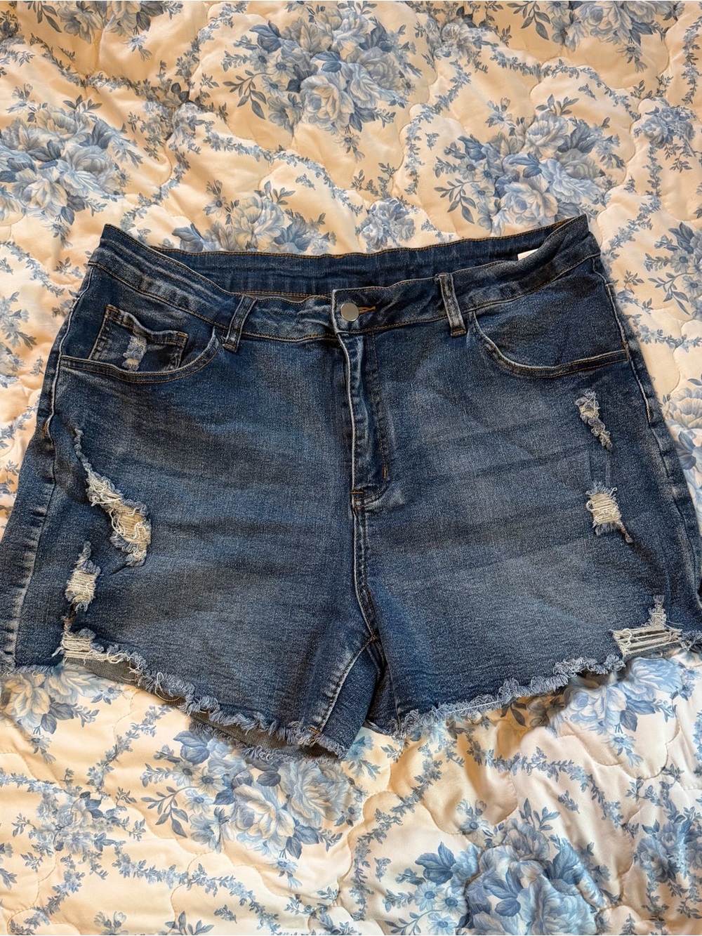Denim Ripped High-Rise Women's Shorts - Dark Blue